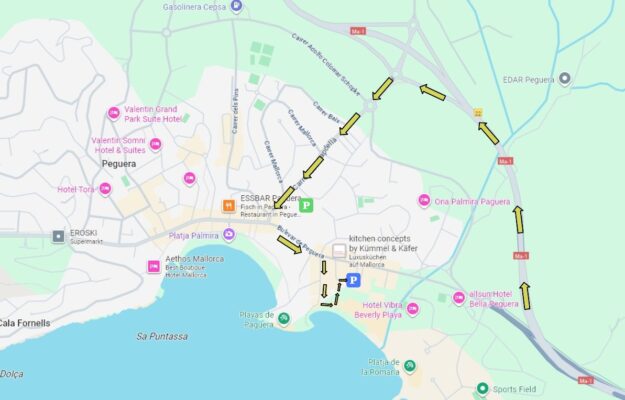 Anfahrtskarte zu kitchen concepts by Kümmel & Käfer in Peguera, Mallorca – Übersicht mit Parkmöglichkeiten und Zufahrtswegen zur Ausstellung.