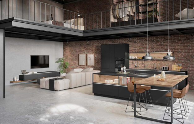 Nobilia Industrial-Küche im angesagten Loft-Stil mit Backsteinwand, offenen Strukturen und markanter Kombination aus Holz und dunklen Fronten – urbanes Wohnen mit Charakter und Funktionalität.