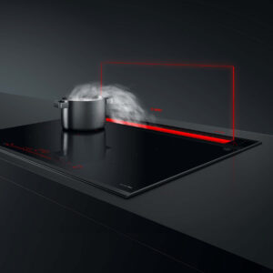 Bosch Induktionskochfeld mit integriertem Dunstabzug, schwarzes Glas mit roter LED-Lichtleiste, saugt Kochdampf direkt am Kochfeld effizient ab