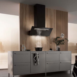 berbel Wandhaube in mattem Schwarz aus Metall mit schrägem Design, leistungsstarke Dunstabzugshaube für effektive Entfernung von Kochdampf und Gerüchen