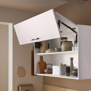 Schüller Hängeschrank mit Liftklappe und Metallbeschlag, weiße Front mit Klappmechanik für komfortables Öffnen und einfachen Zugriff auf Küchenutensilien